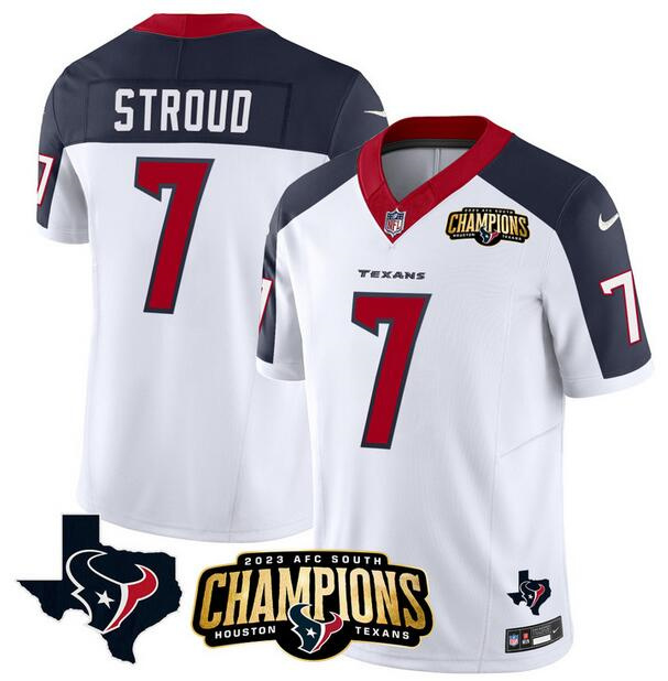 Men's Houston Texans #7 C.J. Stroud White/Navy 2023 F.U.S.E. AFC South Champions Patch And Team Logo Patch Vapor Untouchable Limited Stitched Football Jersey Men's Houston Texans #7 C.J. Stroud White/Navy 2023 F.U.S.E. AFC South Champions Patch And Team Logo Patch Vapor Untouchable Limited Stitched Football Jersey
